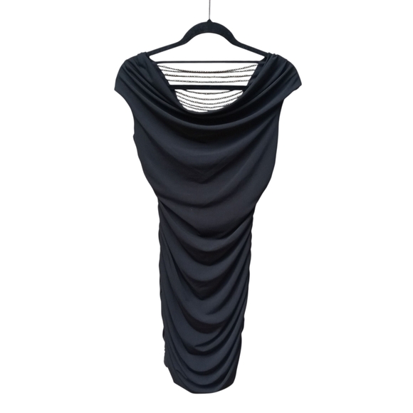 BCX Mini Bodycon Rouched Black Dress Cocktail Dress Beaded Back Opening Small - Picture 3 of 7